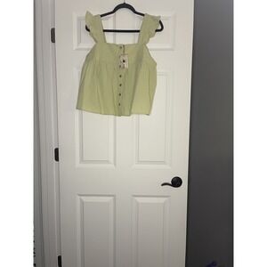 New In Square Neck Sleeveless Ruffle Sleeve Tank Top Button Up Green Nwt